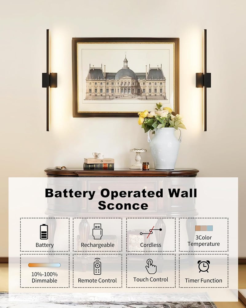 Rayogale 8000mAh Battery Operated Wall Sconce with Remote Control, 3000K-6000K Dimmable Black Wireless Rechargeable Wall Sconces Set of Two with Timer Function for Living Room, Bedroom, Stairwell, TV 24 Inch - Image 3
